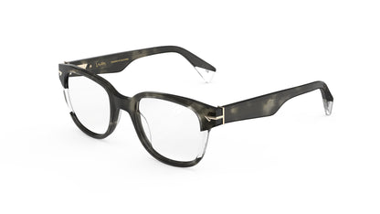 A pair of square eyeglasses with a dark green tortoiseshell acetate frame, featuring clear acetate accents on the front, set against a plain white background.