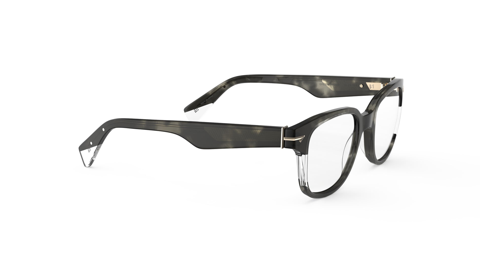 A pair of square eyeglasses with a dark green tortoiseshell acetate frame, featuring clear acetate accents on the front, shown from a three-quarters angle on a white background.