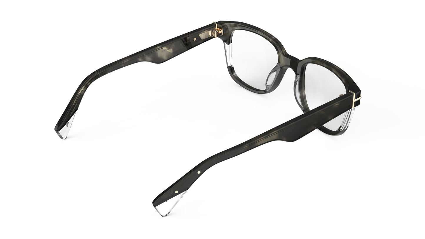 A rear view of a pair of square eyeglasses with a dark green tortoiseshell acetate frame, featuring clear acetate accents on the front, set against a plain white background.