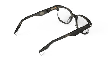 A rear view of a pair of square eyeglasses with a dark green tortoiseshell acetate frame, featuring clear acetate accents on the front, set against a plain white background.