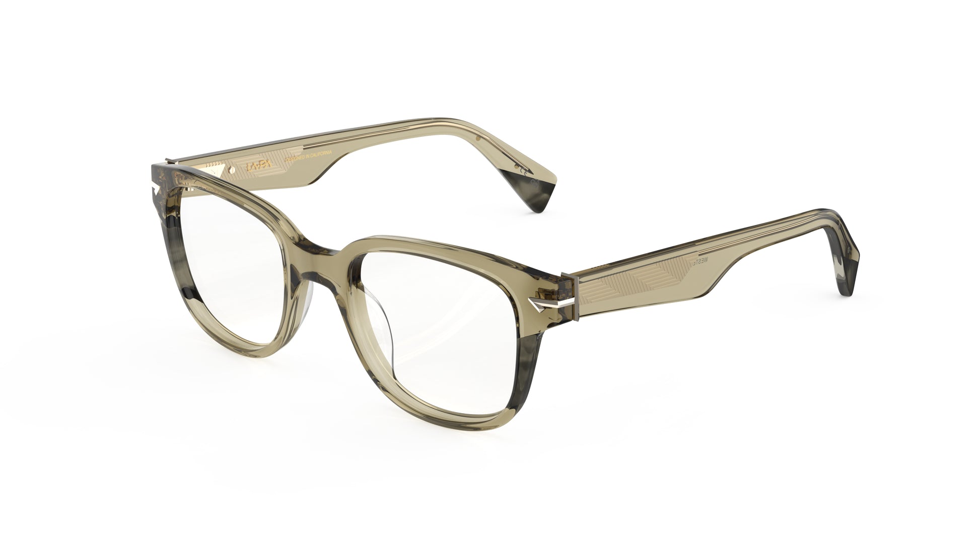 A pair of semi-transparent acetate eyeglass frames in an olive green color, featuring a geometric patterned wire core, shown on a plain white background.