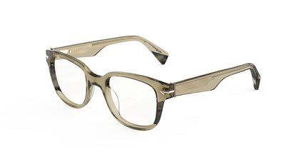 A pair of semi-transparent acetate eyeglass frames in an olive green color, featuring a geometric patterned wire core, shown on a plain white background.