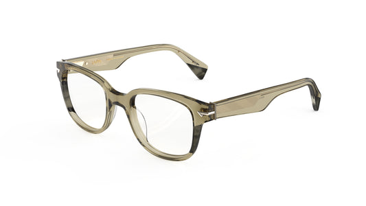 A pair of semi-transparent acetate eyeglass frames in an olive green color, featuring a geometric patterned wire core, shown on a plain white background.