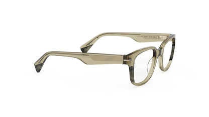 A pair of semi-transparent acetate eyeglass frames in an olive green color, featuring a geometric patterned wire core, shown on a plain white background.