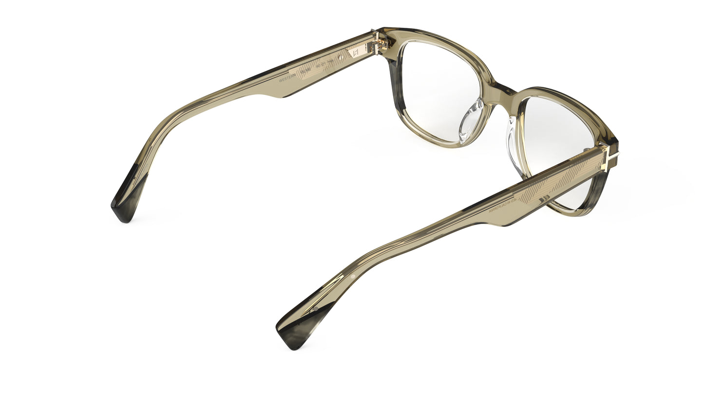 A rear view of a pair of semi-transparent olive green acetate eyeglass frames, shown from a three-quarters perspective on a white background.