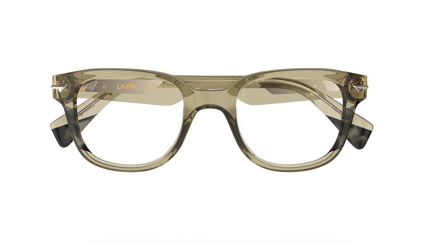 A pair of translucent acetate eyeglass frames in a olive green color with green tortoise accents, shown from the front against a plain white background.