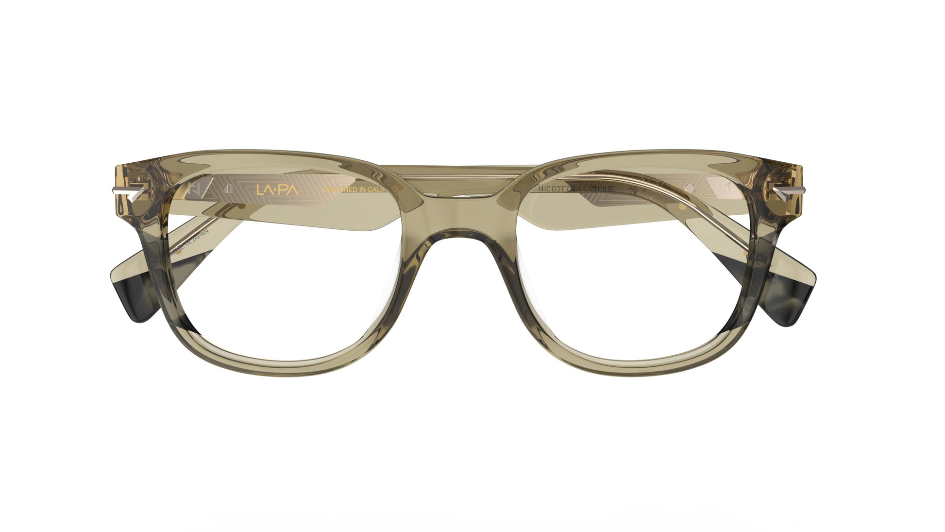 A pair of translucent acetate eyeglass frames in a olive green color with green tortoise accents, shown from the front against a plain white background.