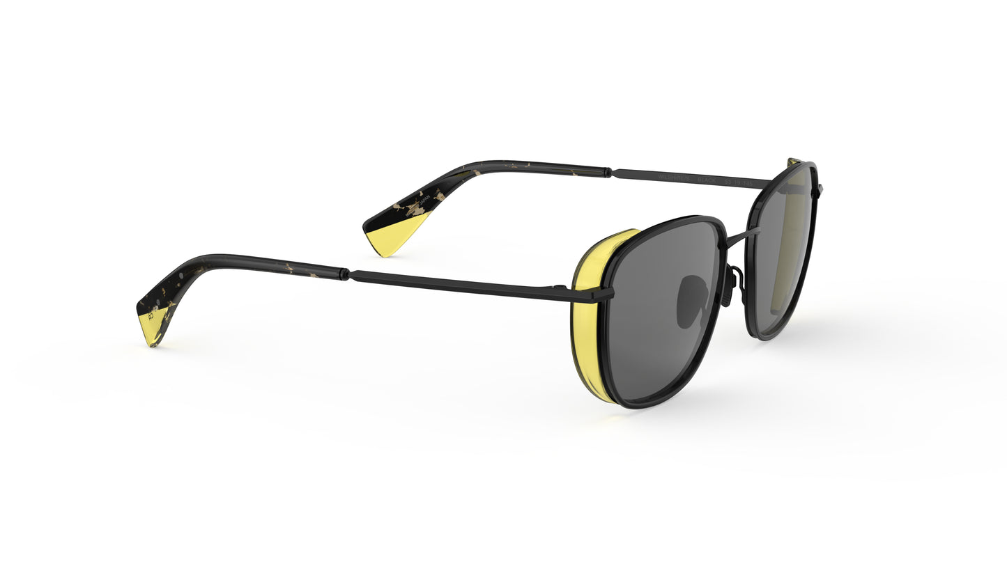 A pair of sunglasses with polarize gray lenses, black metal frame and nosepads, and distinctive yellow acetate side visors, shown on a clean white background.
