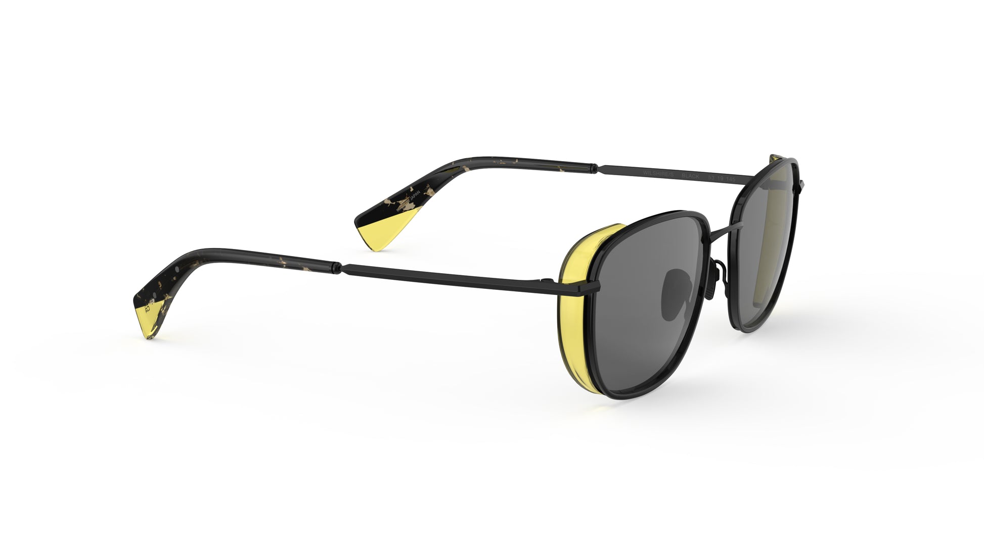 A pair of sunglasses with polarize gray lenses, black metal frame and nosepads, and distinctive yellow acetate side visors, shown on a clean white background.