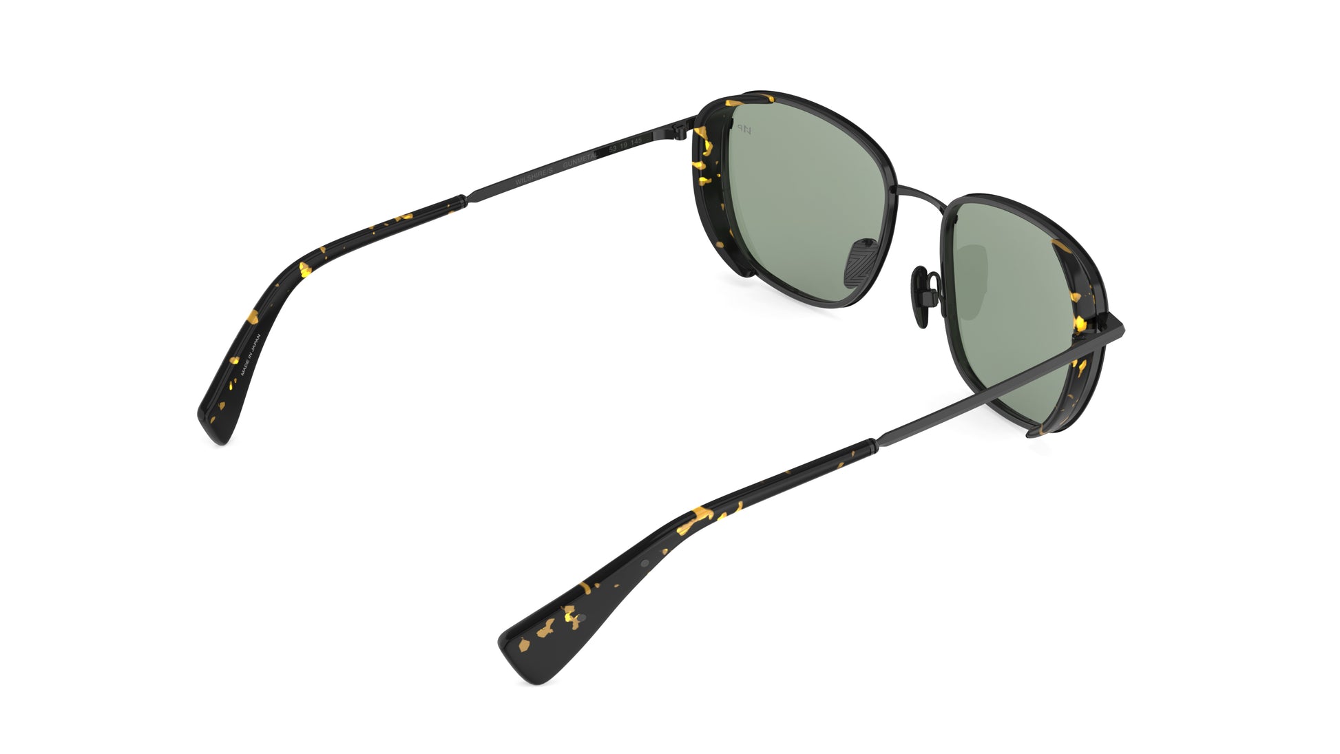 Rear view angle of sunglasses with dark green tinted lenses, black metal frames with nosepads, and tortoiseshell-patterned temple tips on a white background.